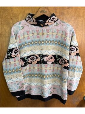 Vintage 80s Pastel Floral Embroidered Fair Isle Mock Neck Sweater 1980s Grandma